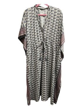 Printed Tie-Waist Midi Dress in Charcoal and Cream
